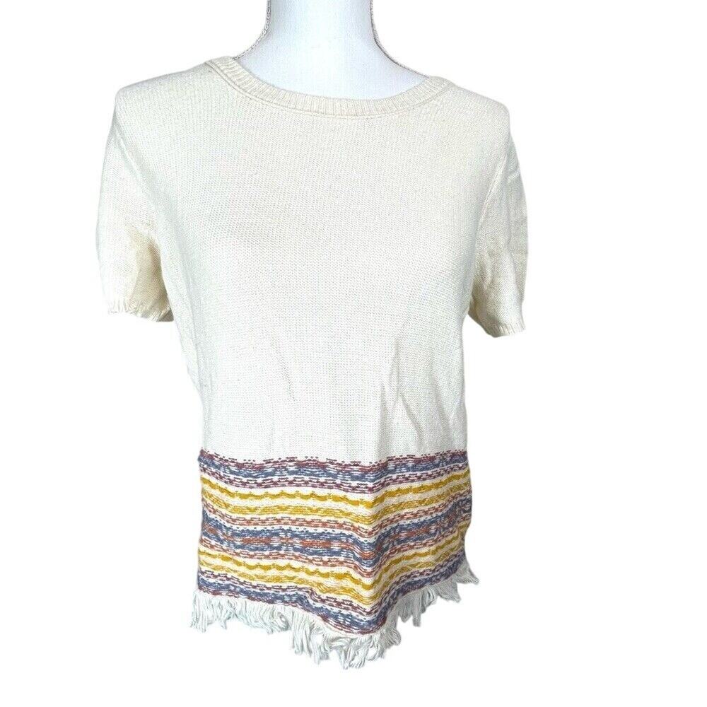Madewell Fringed Jacquard Sweater Wm Sz M Knit Boho Festival Short Sleeve Stripe